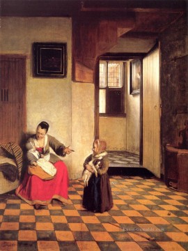 Eine Frau mit einem Baby in ihrem Schoß und einem kleinen Kind Genre Pieter de Hooch Ölgemälde
